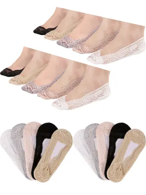 10 Pairs No Show Lace Boat Socks Non-slip Ankle Socks Invisible Socks for Women Favors (5 Colors)(Size: One Size)