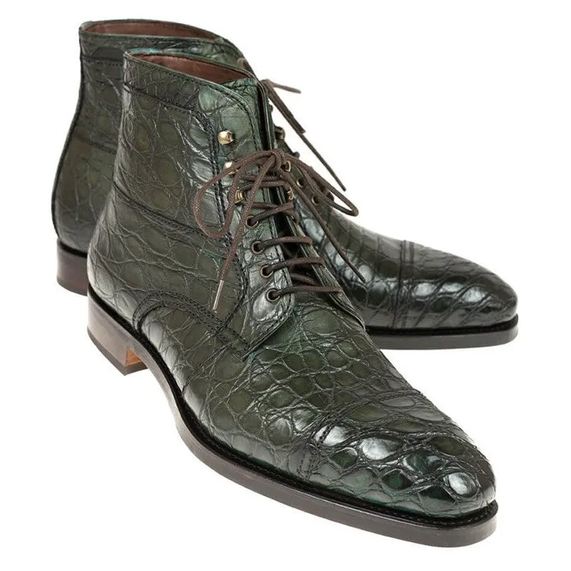 7 CM/2.76 Inches CMR CHAMARIPA Handcrafted Green Crocodile Leather Work Boots with Height Boost