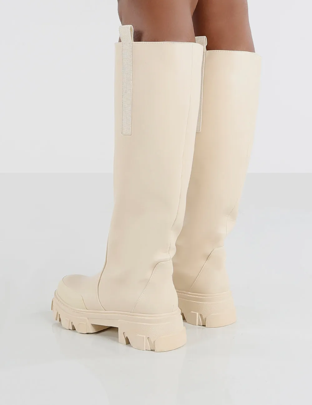 Amber x Public Desire Genius Cream PU Knee High Chunky Sole Boot