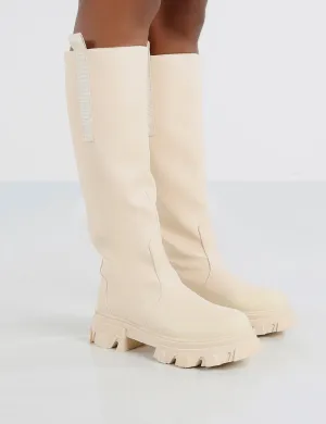 Amber x Public Desire Genius Cream PU Knee High Chunky Sole Boot