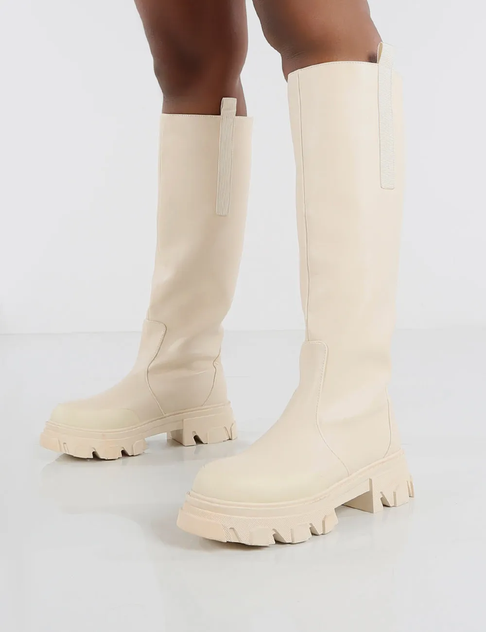 Amber x Public Desire Genius Cream PU Knee High Chunky Sole Boot