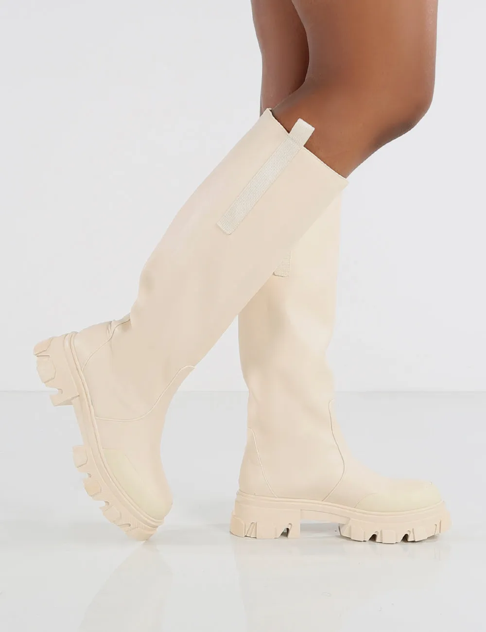 Amber x Public Desire Genius Cream PU Knee High Chunky Sole Boot