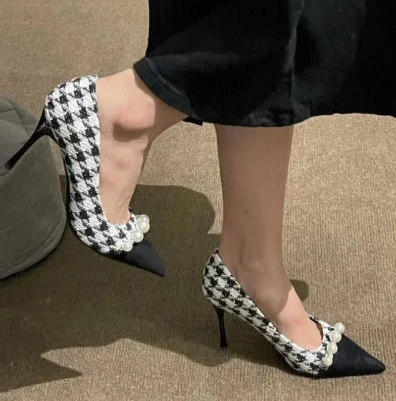 Amozae-New Women High Heels Dress Houndstooth Pumps Black Toe Costume Tweed Boat Pearls Designer Dress Work Shoes