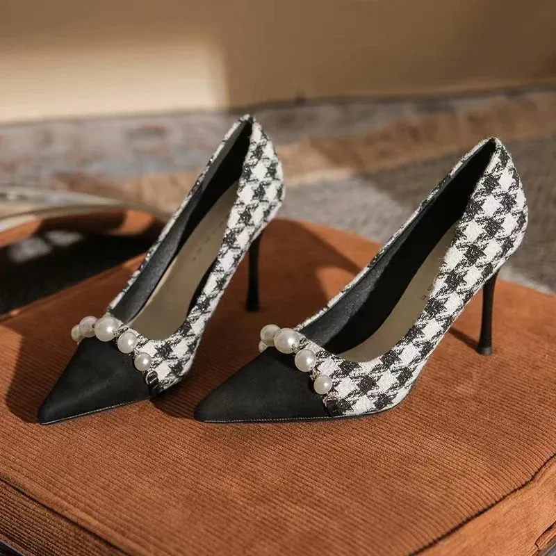 Amozae-New Women High Heels Dress Houndstooth Pumps Black Toe Costume Tweed Boat Pearls Designer Dress Work Shoes