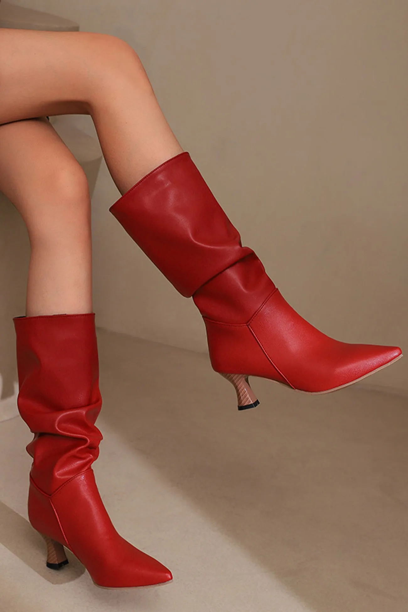 Amozae-Pointed Toe Pleated Knee High Boots