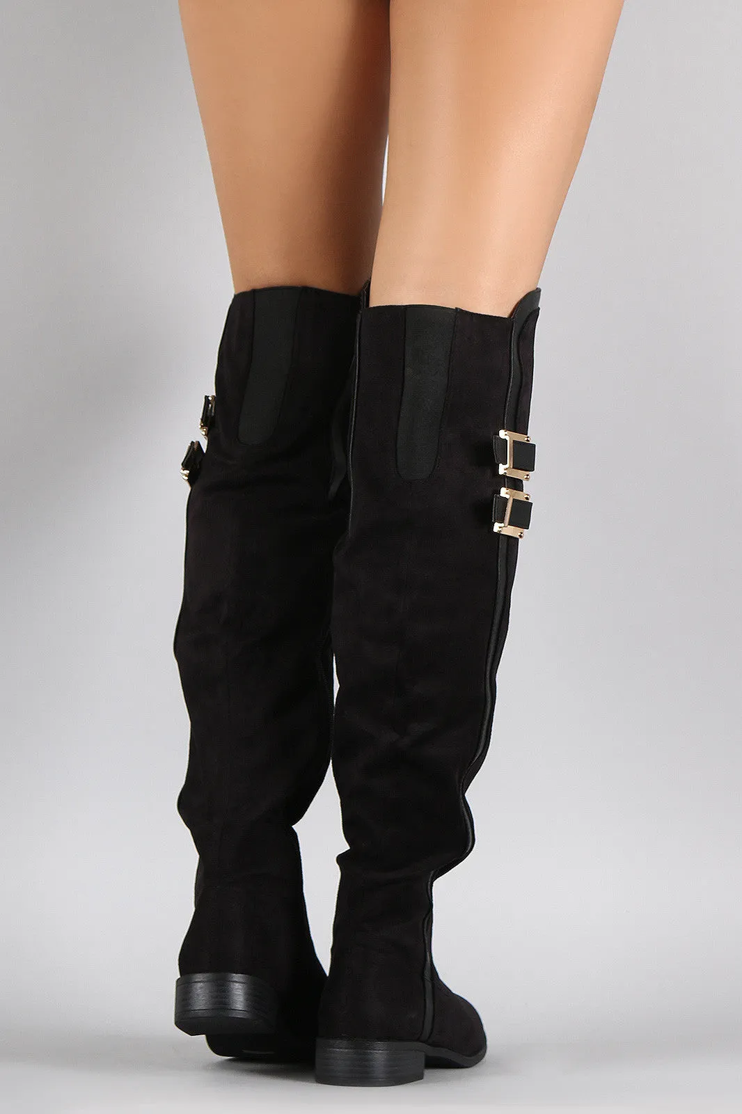 Bamboo Contrast Trim Buckled Riding Over-The-Knee Boots