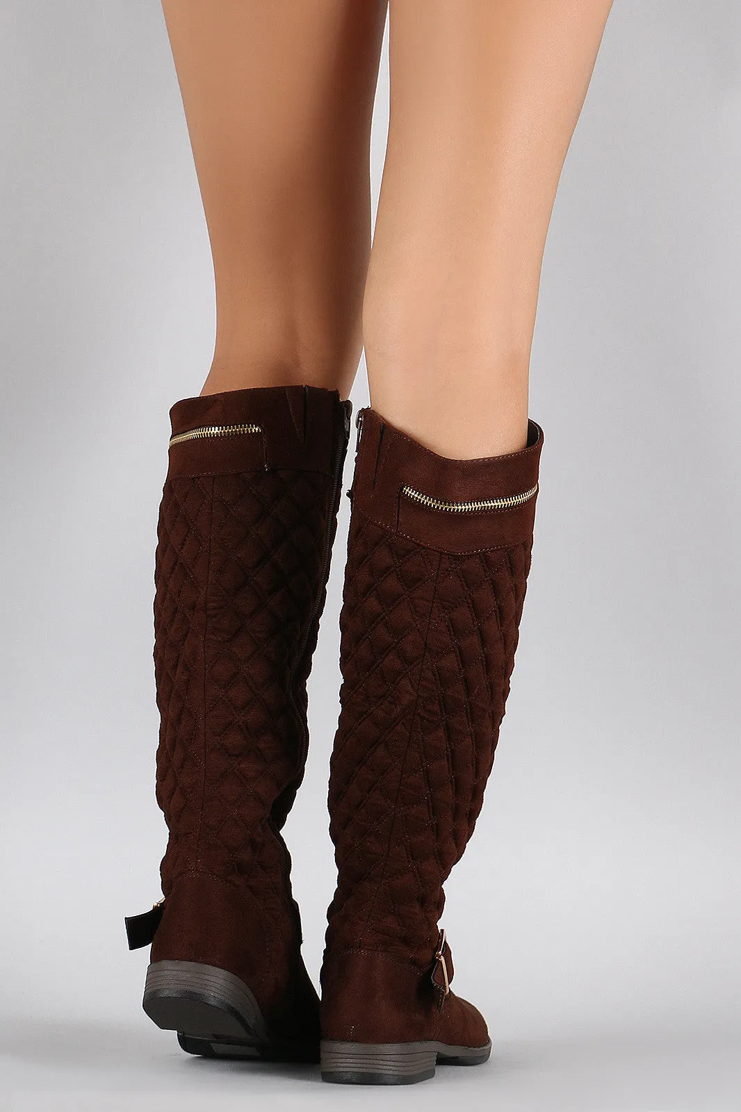 Bamboo Quilted Suede Zipper Trim Riding Knee High Boots