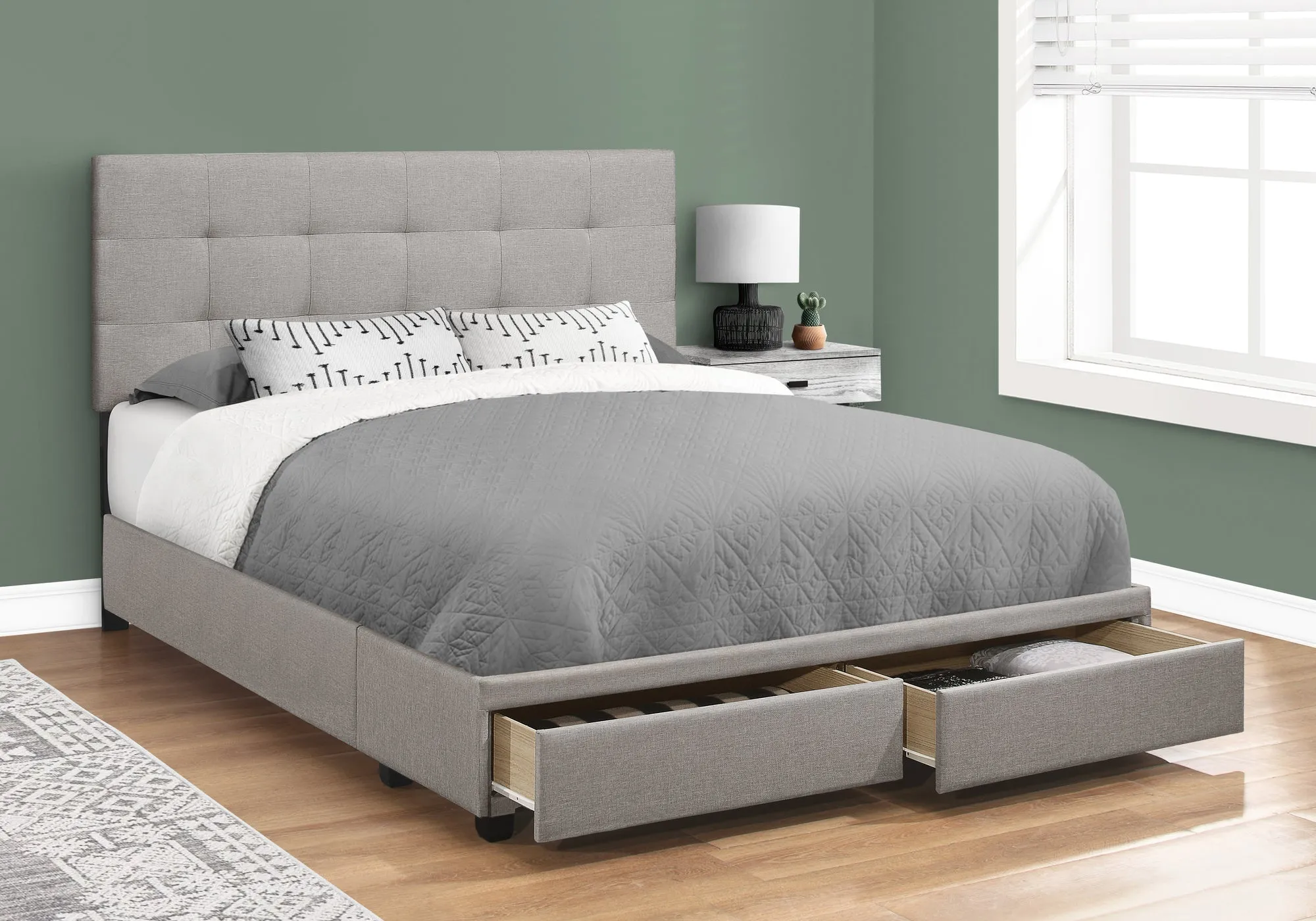 Bed - Queen Size / Grey Linen With 2 Storage Drawers