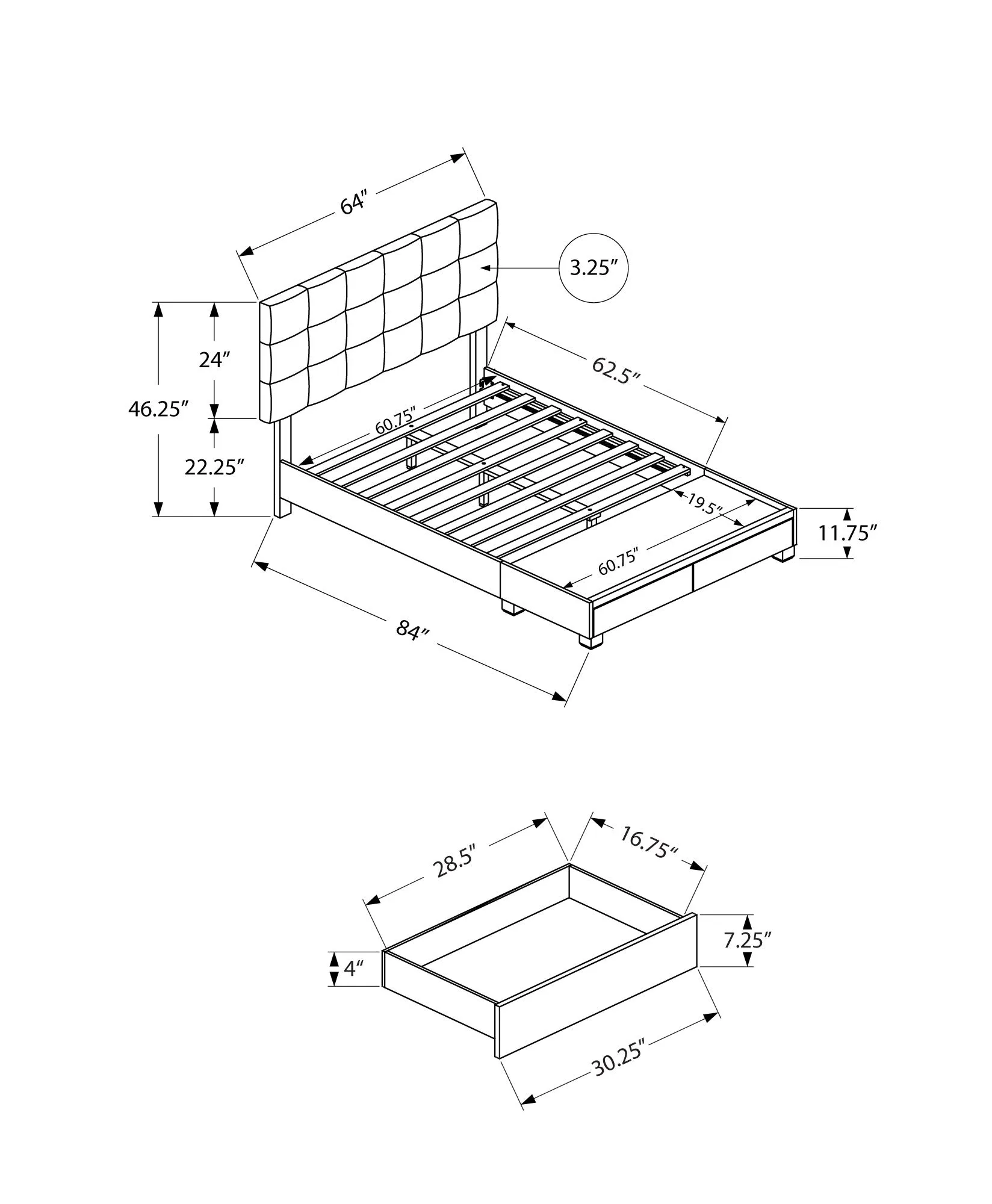 Bed - Queen Size / Grey Linen With 2 Storage Drawers