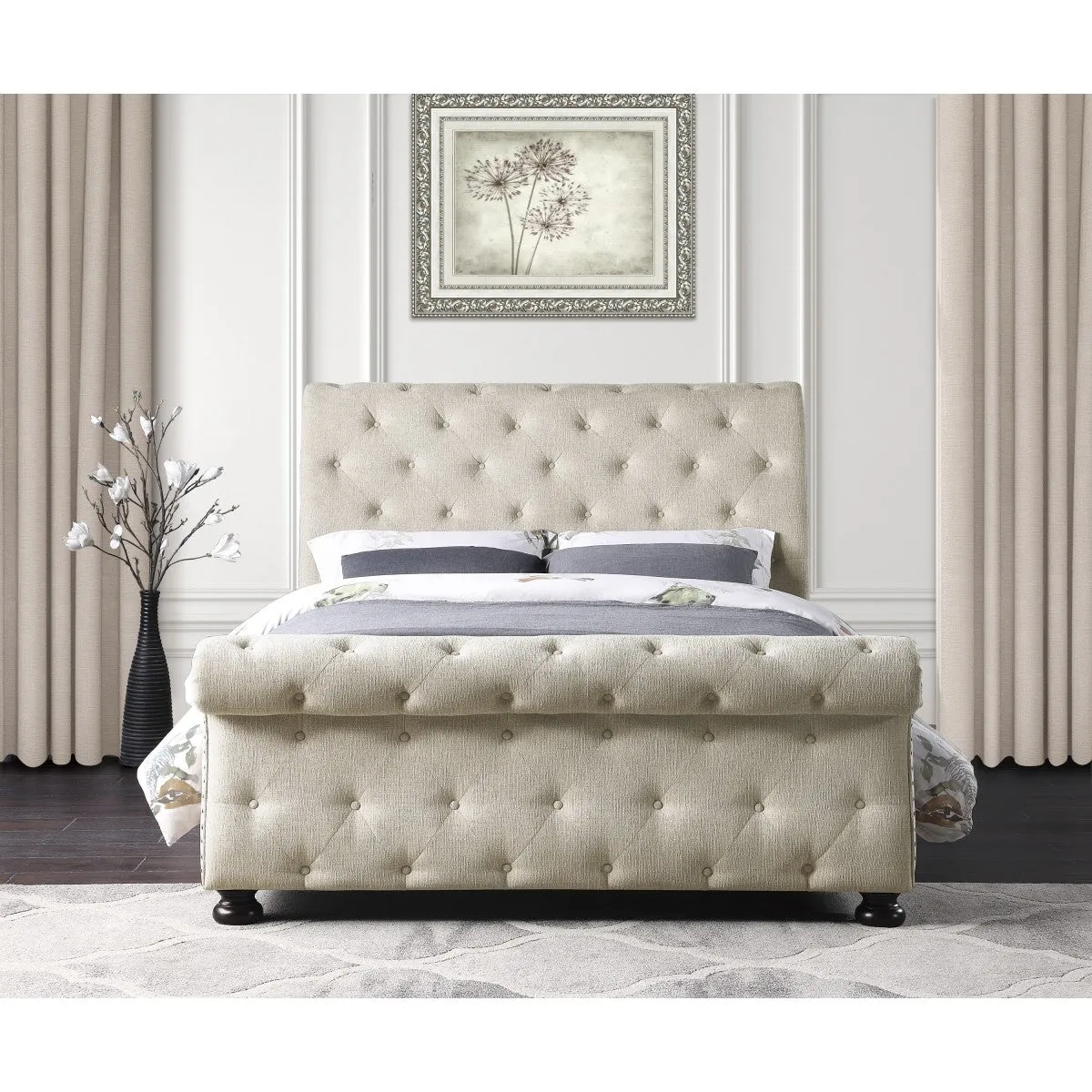 Beige Chenille Tufted Queen Sleigh Bed with Nailhead Trim