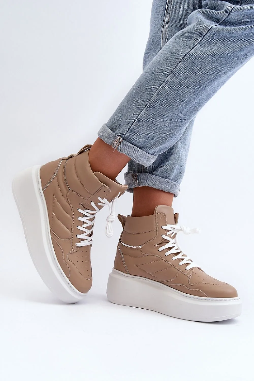 Beige Natural Leather High Platform Sneakers