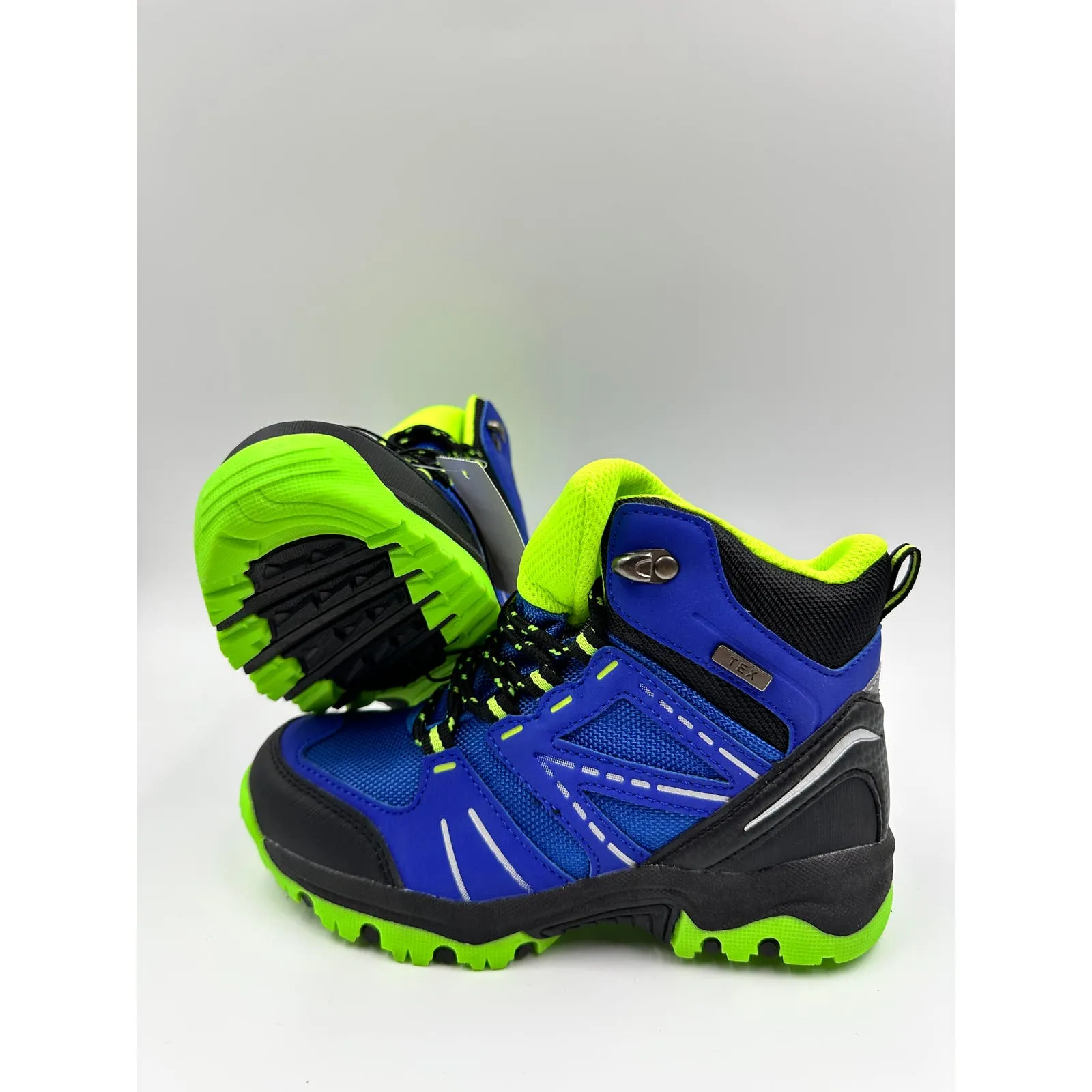 Big Kid Size 1, High Top Blue Hikers w/ Neon Accents, Rubber Toe Cap and Heel