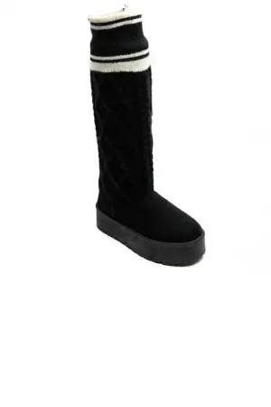 BLACK KNITTED PLATFORM KNEE HIGH CLASSIC TALL BOOT