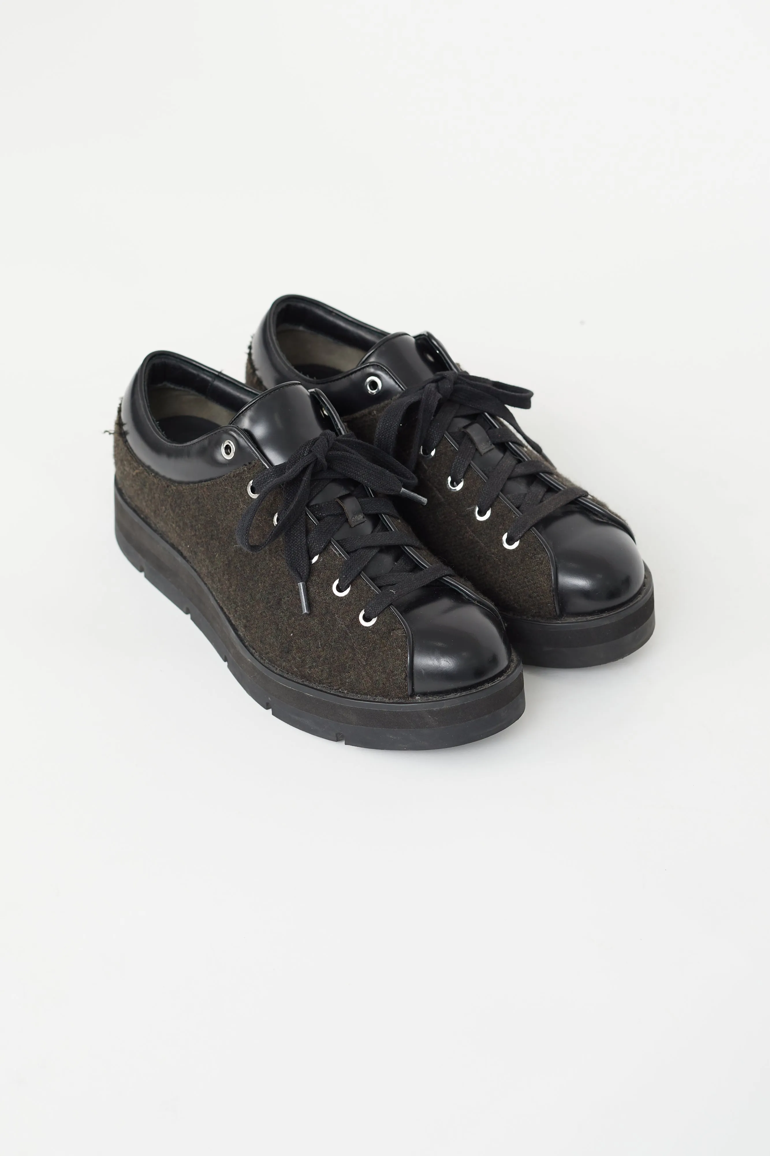 Black Leather & Wool Platform Sneaker