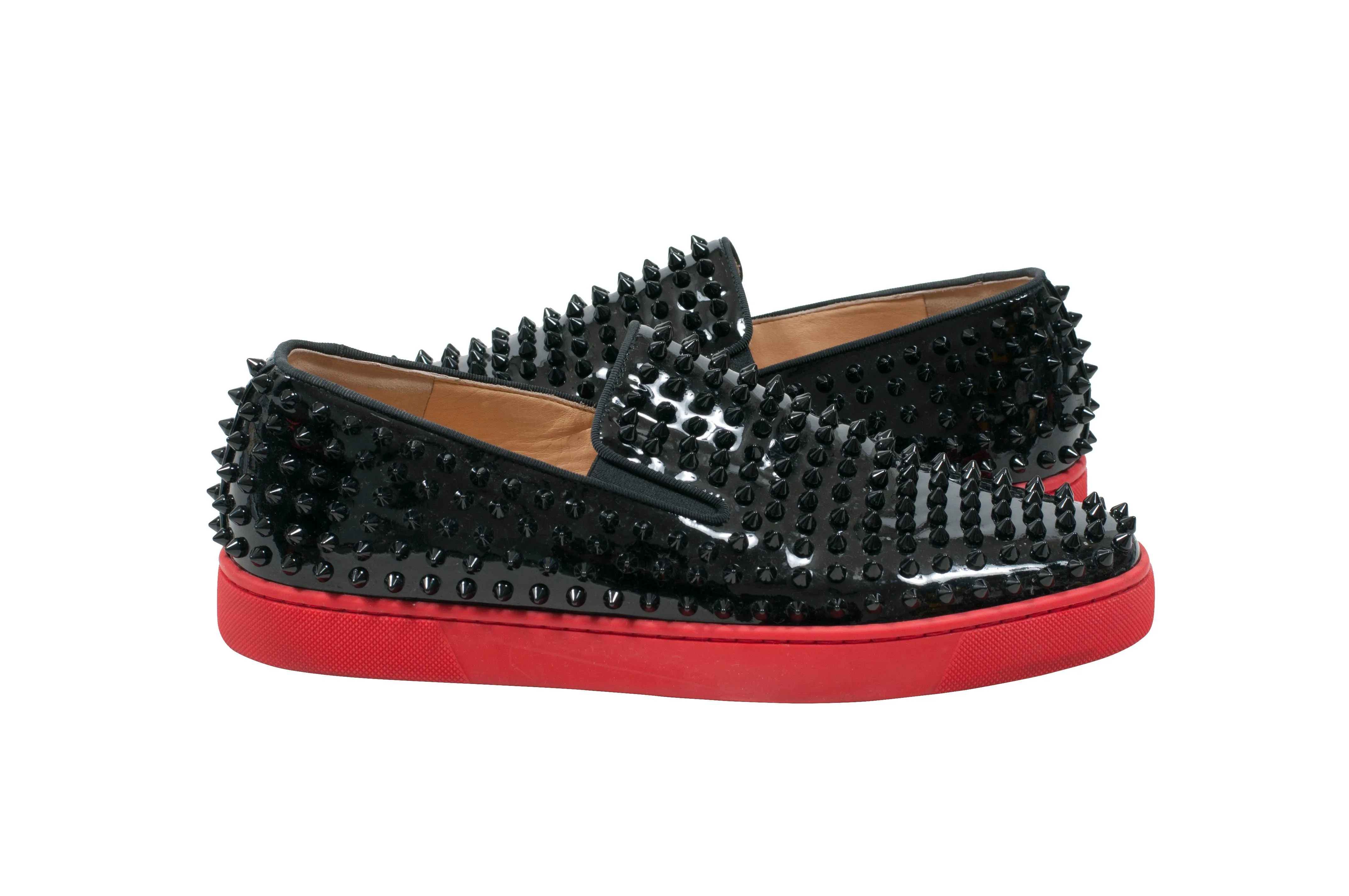 Black Patent Leather Roller Boat Spike Slip On Flats