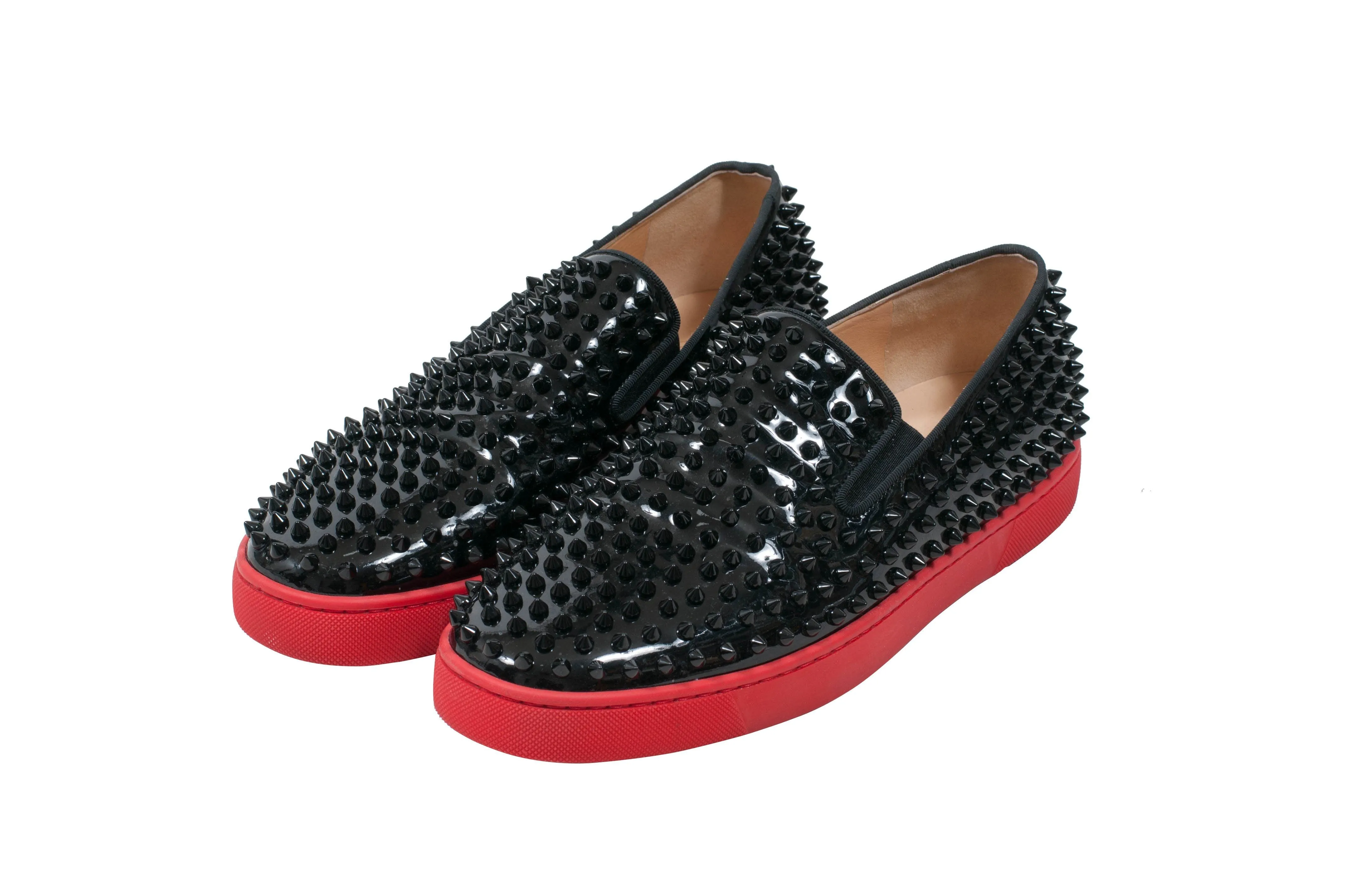 Black Patent Leather Roller Boat Spike Slip On Flats