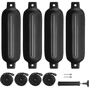 Boat Fenders 4 Pack Inflatable Ribbed Marine Boat with Lines, Needles and Pump | Black