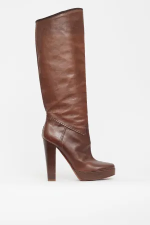 Brown Leather Knee High Pump Boot