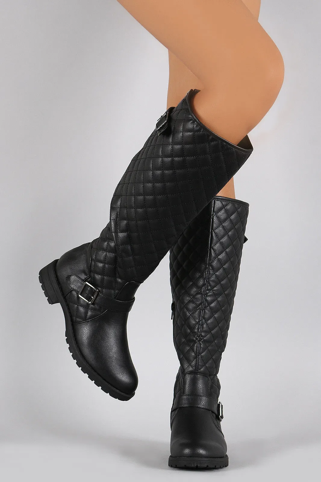 Buckled Quilted Shaft Round Toe Riding Knee High Boots