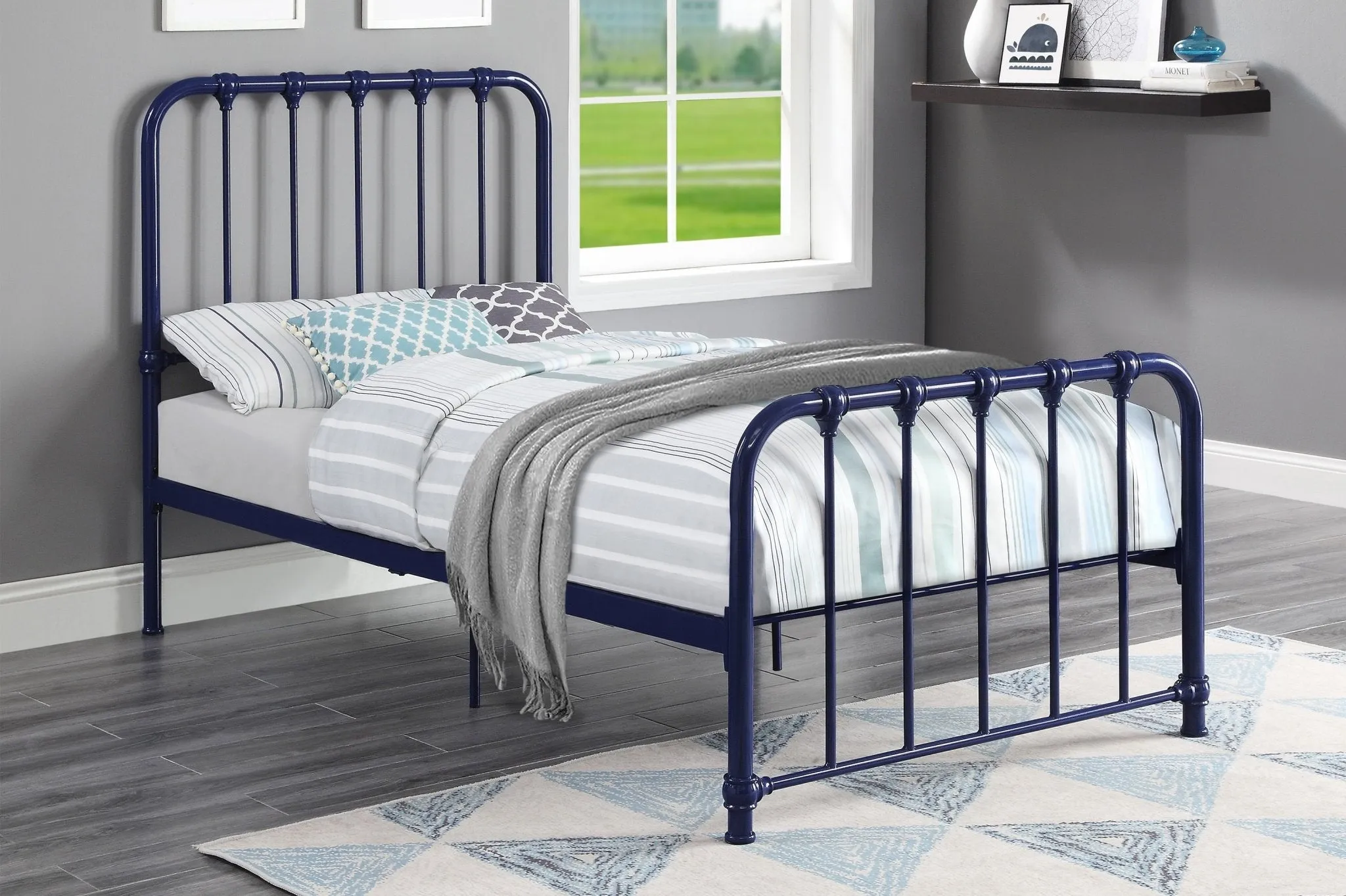 Classic Metal Rounded Profile Blue Platform Bed