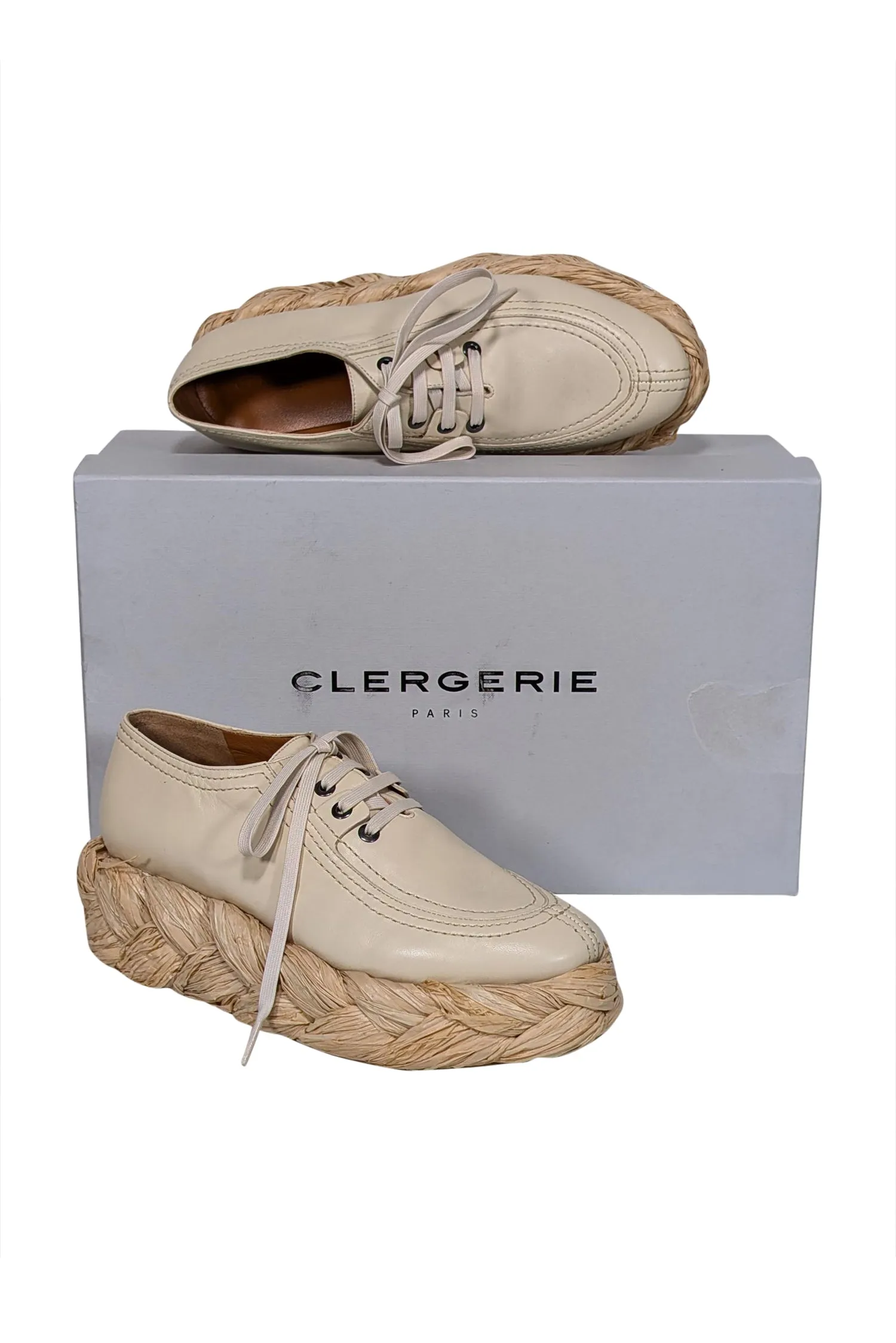 Clergerie Paris - Beige Leather & Woven Straw Platform Sneaker Sz 8