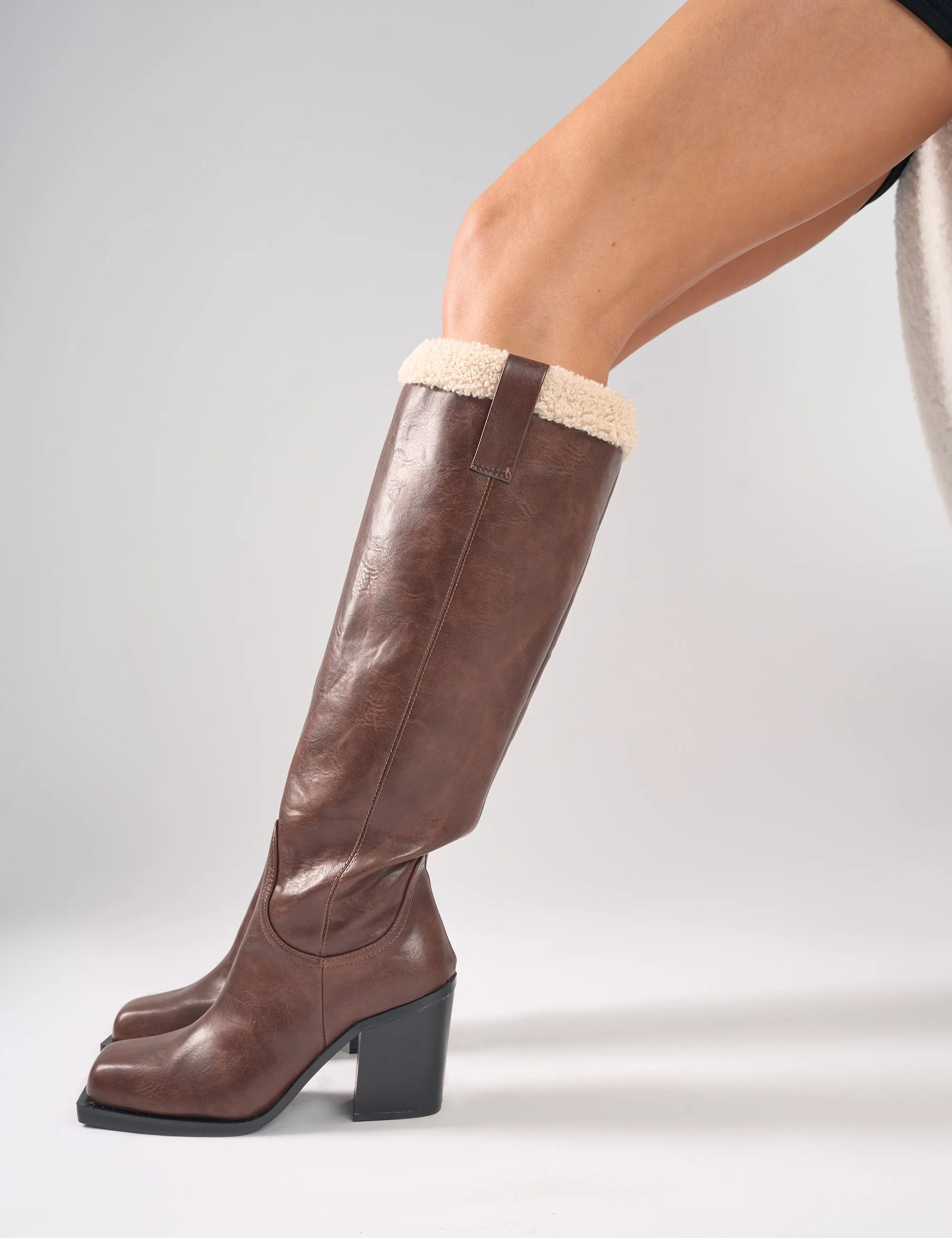 Colden Vintage Brown Fur Trim Block Heel Knee High Boots