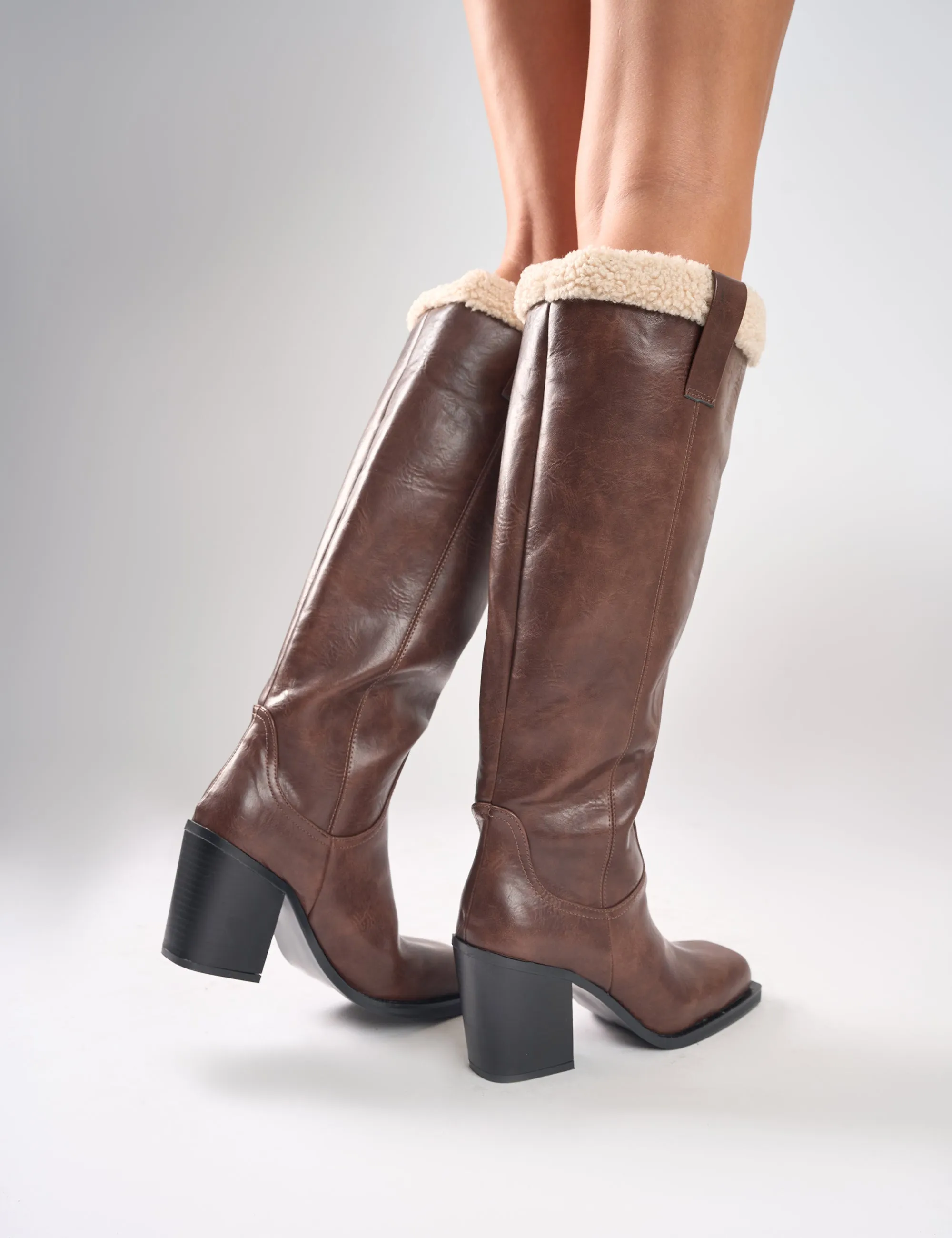 Colden Vintage Brown Fur Trim Block Heel Knee High Boots