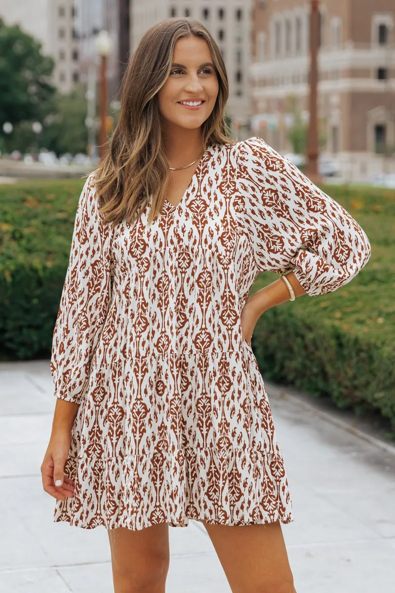 Cream Print Tiered Mini Dress - DOORBUSTER