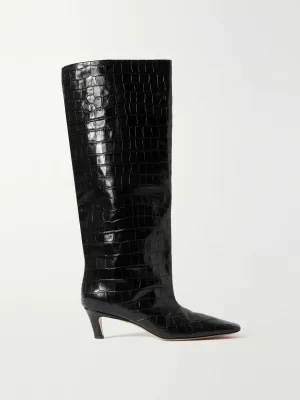 Croc-effect leather knee boots