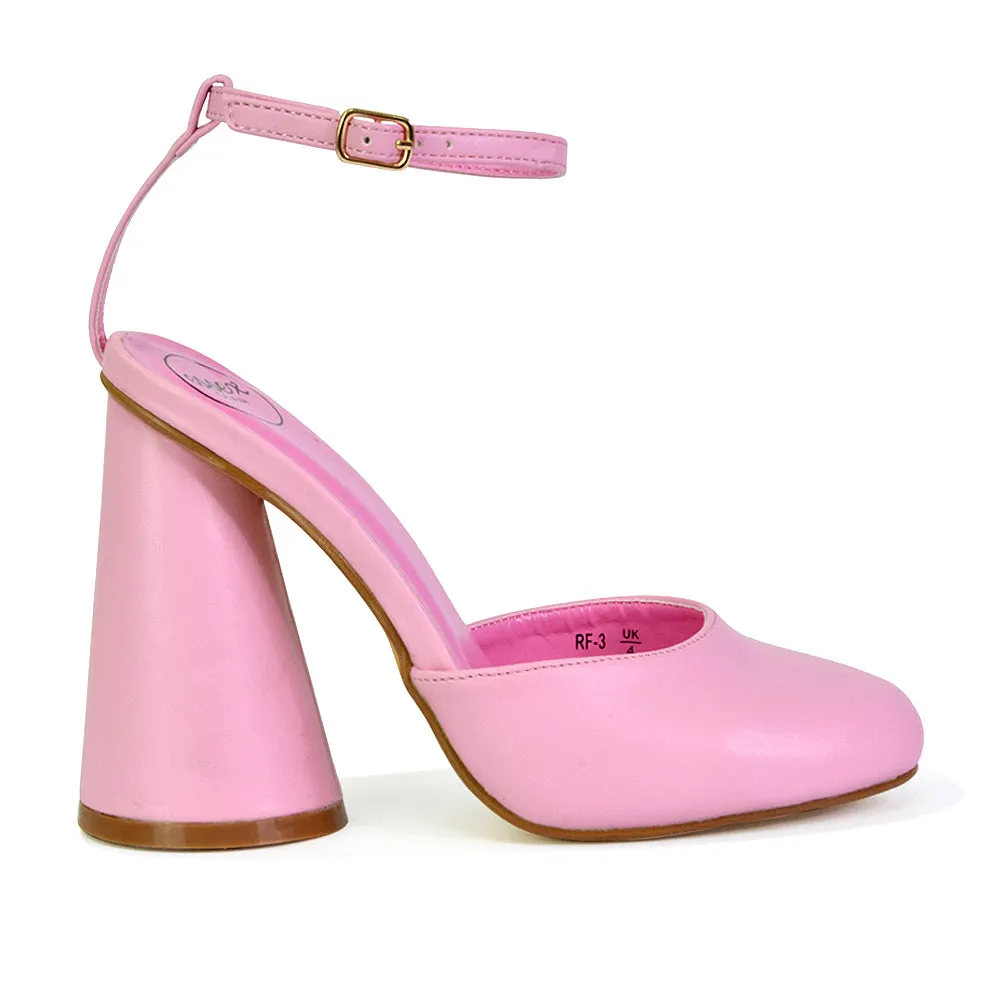 Ekin Ankle Strap Closed Toe Statement Cylinder Block Heel In Pink