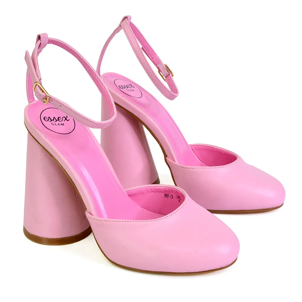 Ekin Ankle Strap Closed Toe Statement Cylinder Block Heel In Pink