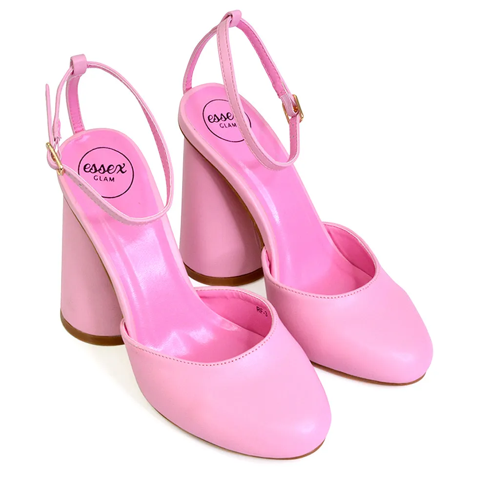 Ekin Ankle Strap Closed Toe Statement Cylinder Block Heel In Pink