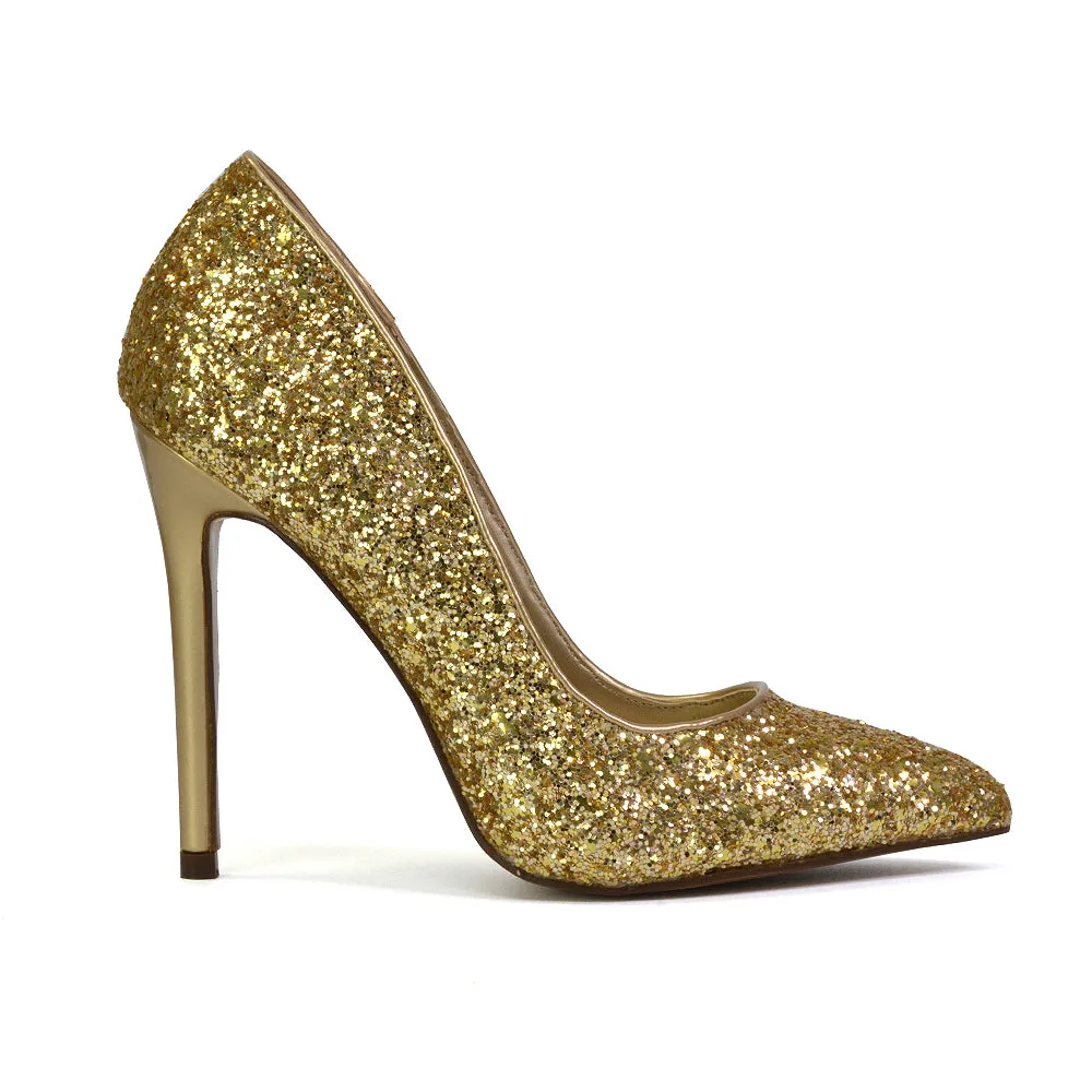 Emerald Pointed Toe Court Shoes Glitter Stiletto High Heels in Gold