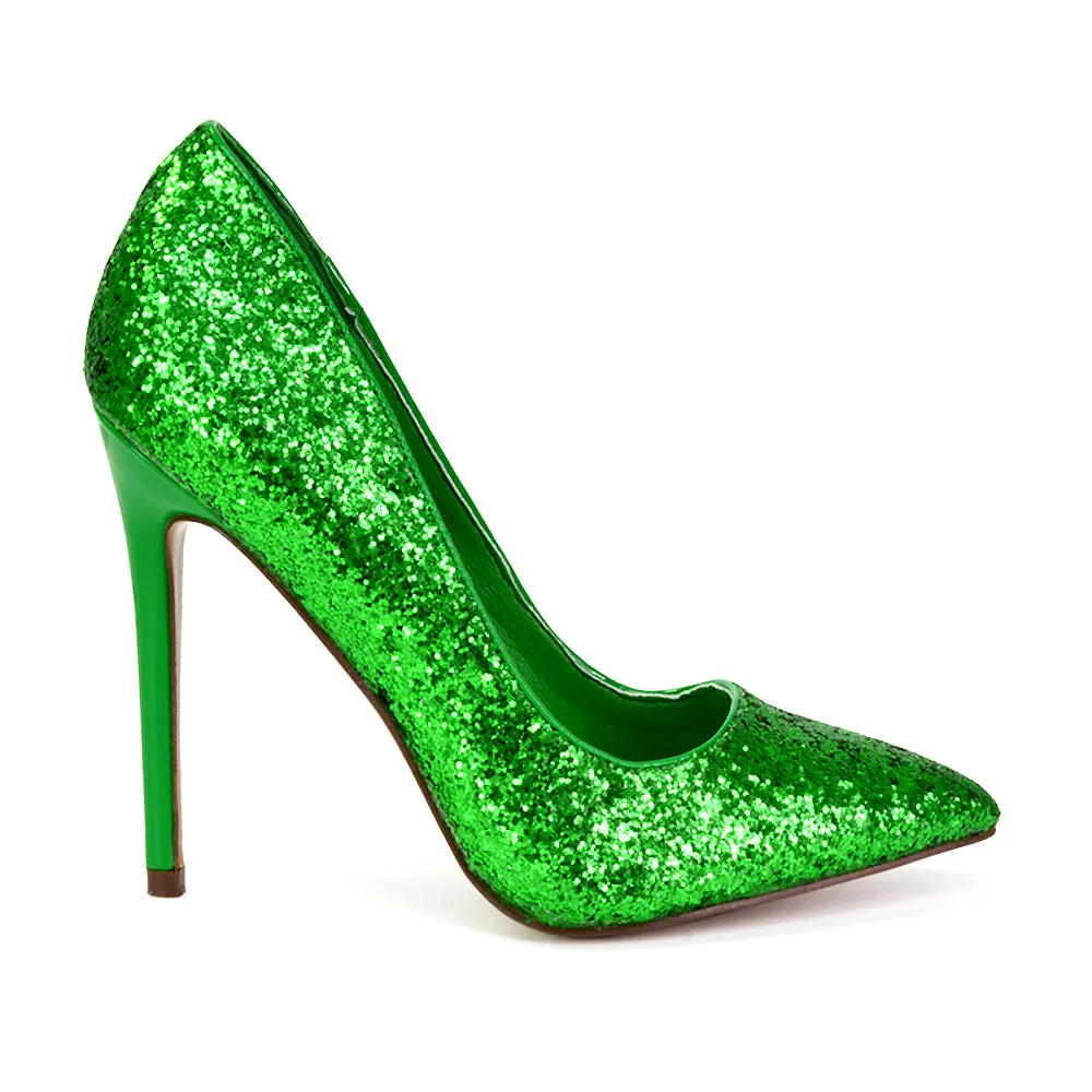 Emerald Pointed Toe Court Shoes Glitter Stiletto High Heels in Gold