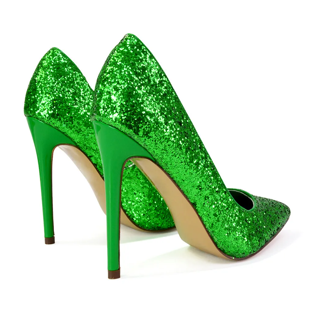 Emerald Pointed Toe Court Shoes Glitter Stiletto High Heels in Gold