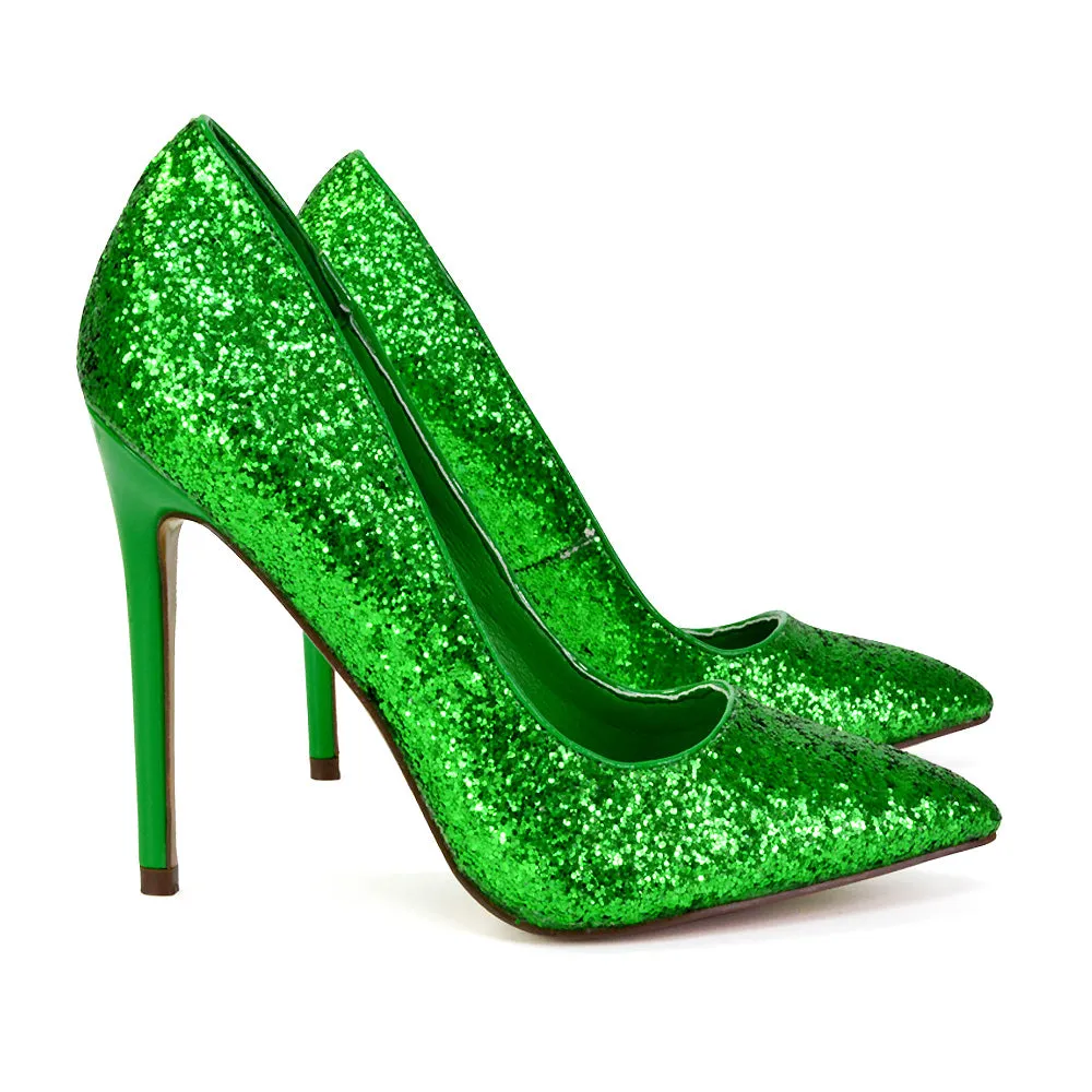 Emerald Pointed Toe Court Shoes Glitter Stiletto High Heels in Gold