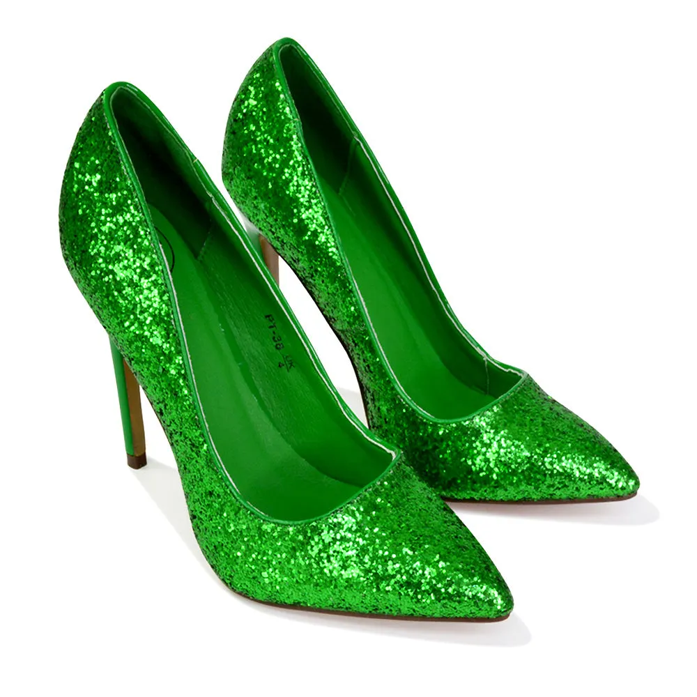 Emerald Pointed Toe Court Shoes Glitter Stiletto High Heels in Gold