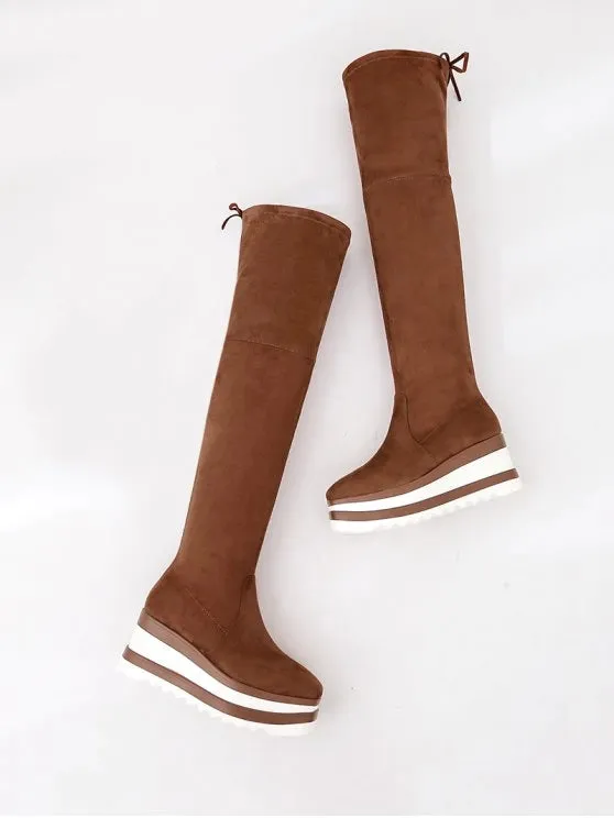 Fashion Wedge Heel Tie Back Over The Knee Boots