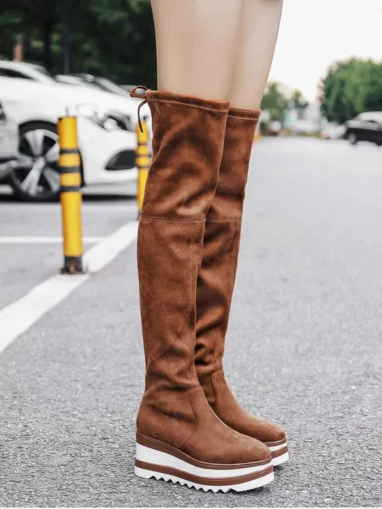 Fashion Wedge Heel Tie Back Over The Knee Boots