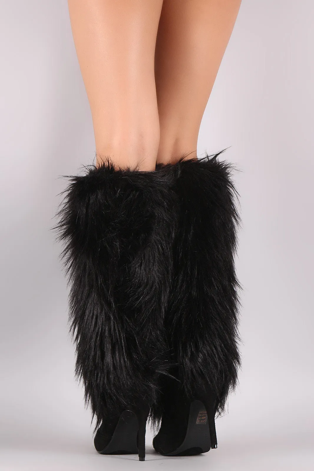 Faux Fur Shaft Pointy Toe Stiletto Knee High Boots