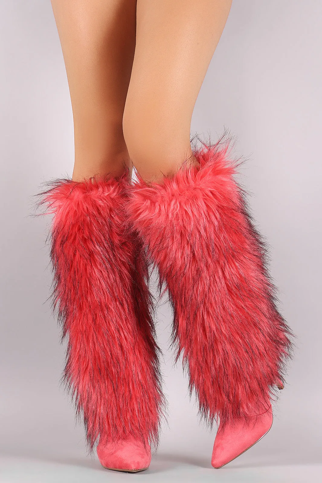 Faux Fur Shaft Pointy Toe Stiletto Knee High Boots