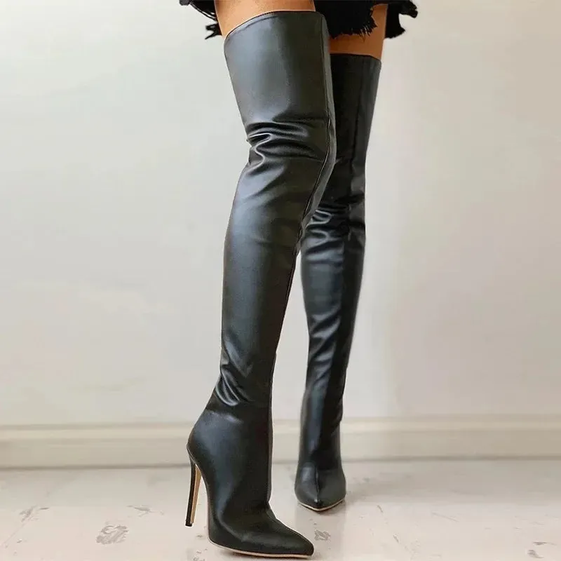 Faux Leather Over The Knee Boots