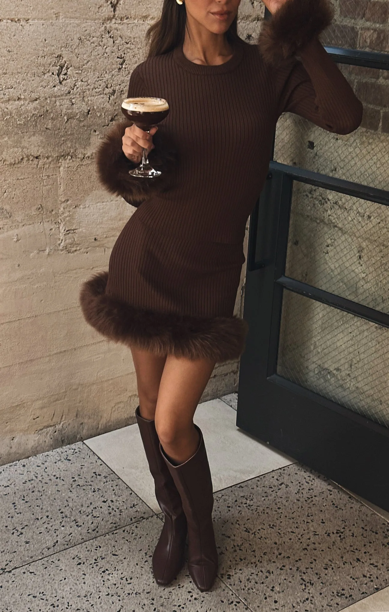 Fran Mini Skirt ~ Chocolate Rib with Faux Fur