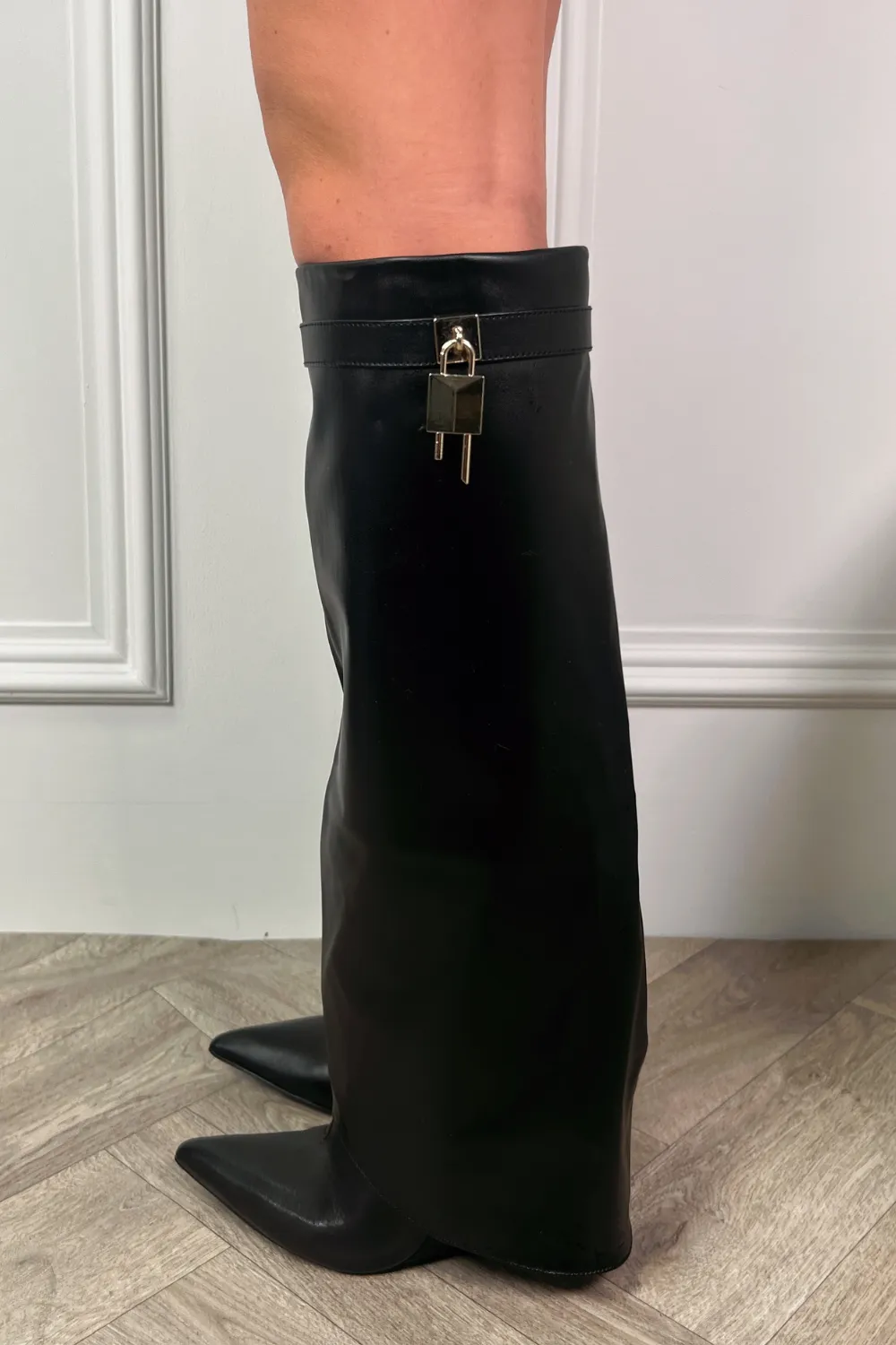 Frankie black knee high wedge boots