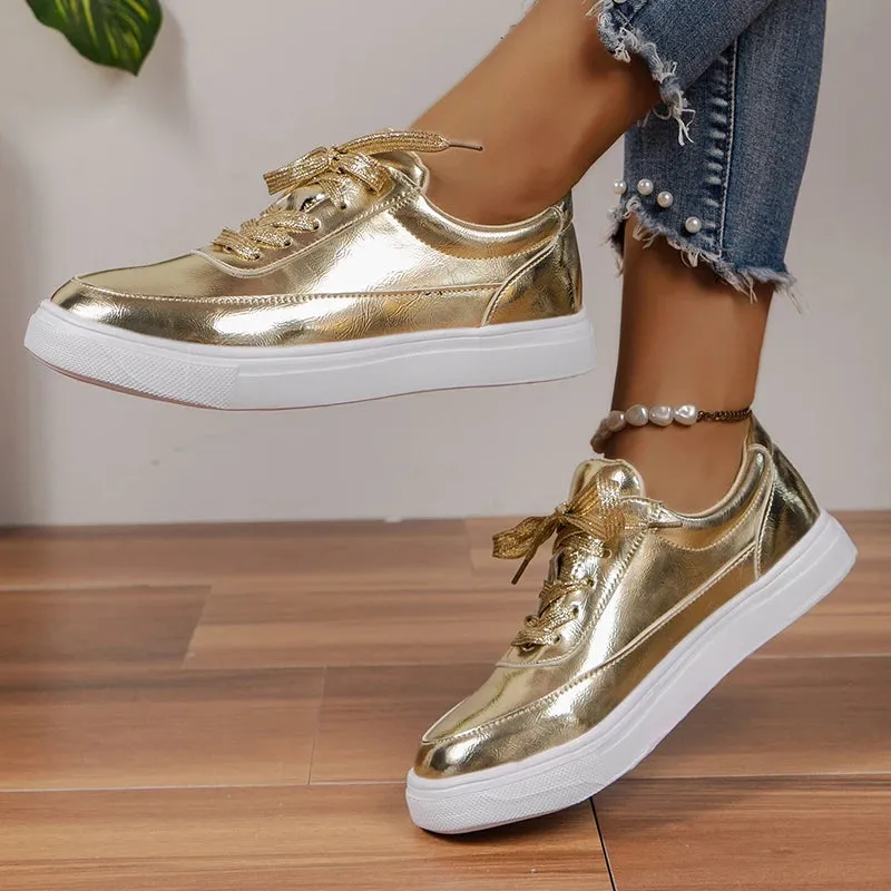 Hnzxzm Gold Silver PU Leather Sneakers Women Non-Slip Lace Up Platform Casual Shoes Woman Autumn Flats Shoes Size 43