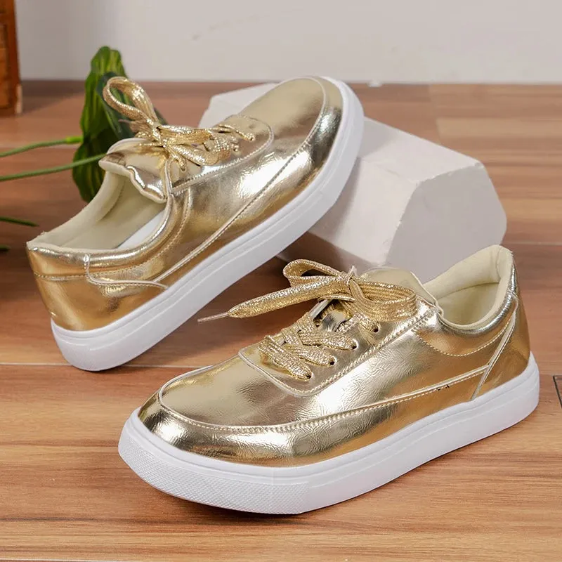 Hnzxzm Gold Silver PU Leather Sneakers Women Non-Slip Lace Up Platform Casual Shoes Woman Autumn Flats Shoes Size 43