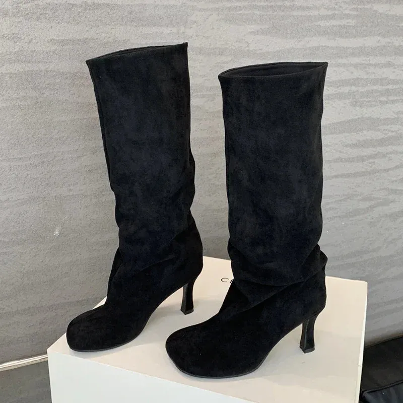 Hnzxzm Winter Street Style Round Toe Knee-High Women Boots Punk Thin High Heels Shoes Female Long Booties Zapatos De Mujer