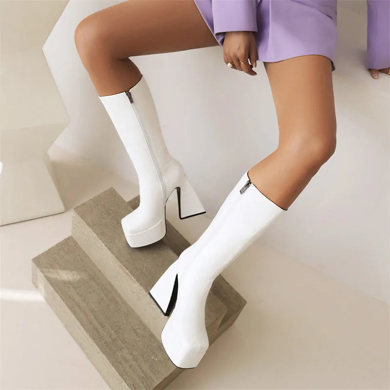 Hope White Chunky Heel Boots