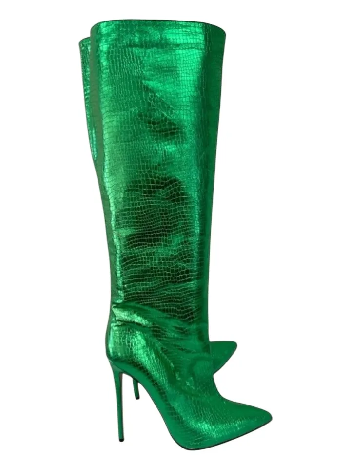 Identita Shoe Size 39 Green Embossed Leather Metallic Pointed Toe Boots