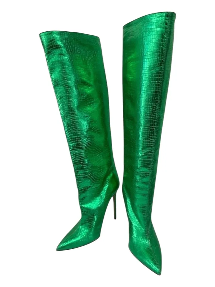 Identita Shoe Size 39 Green Embossed Leather Metallic Pointed Toe Boots